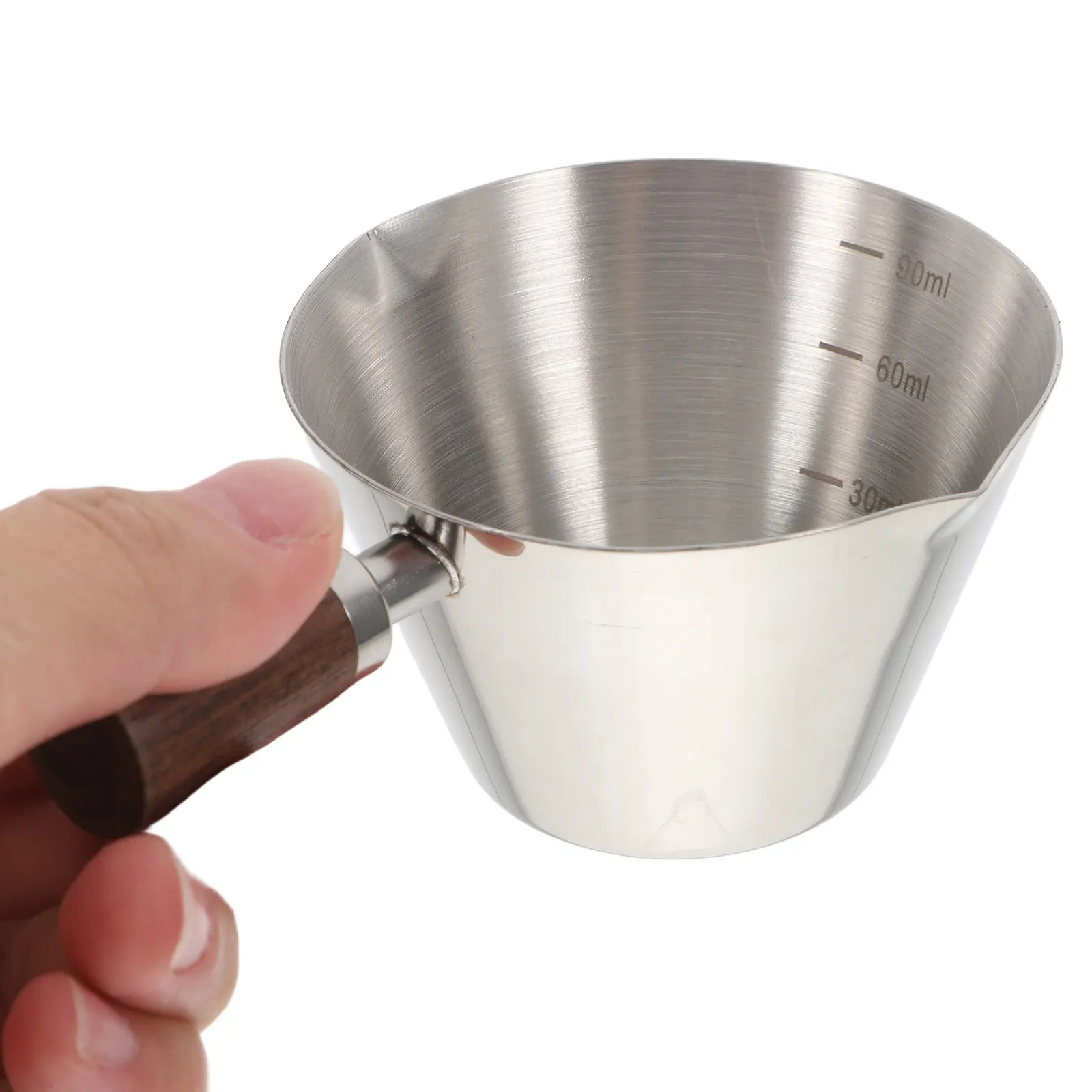 Espresso Measuring Cup Stainless Steel Coffee Dosing Cup with Walnut Wood Handle and Built In Scale