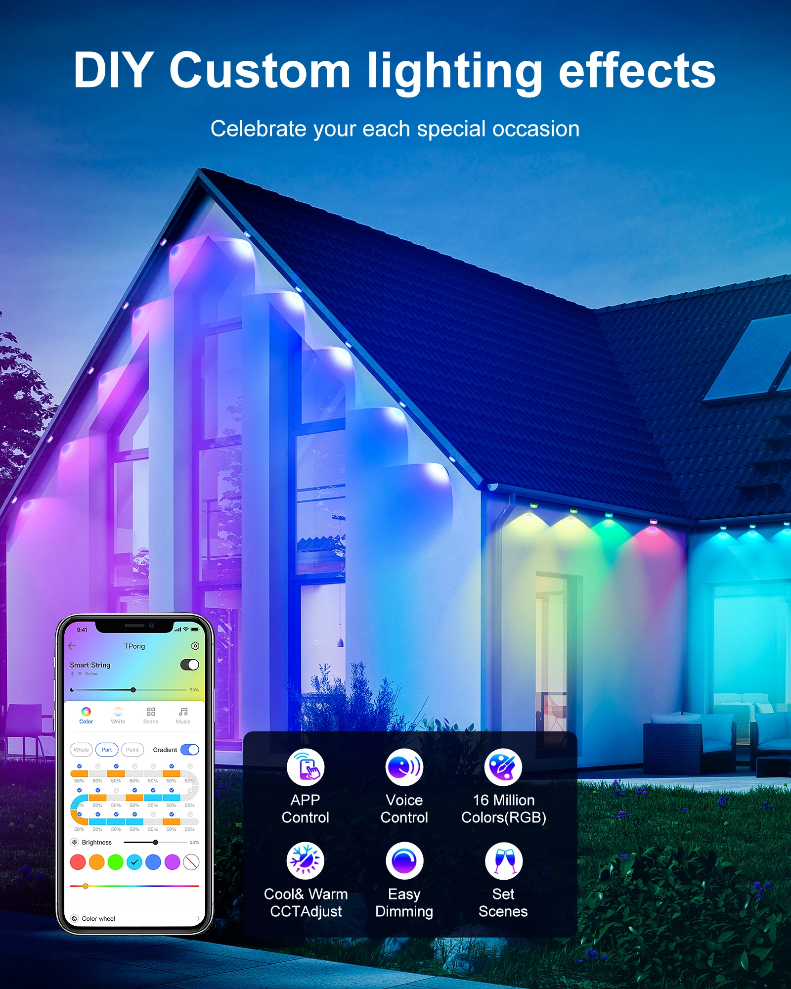 Luci esterne permanenti, luci esterne RGBIC da 100 piedi/150 piedi con luci LED 60/90, impermeabile IP67, 100 modalità scena