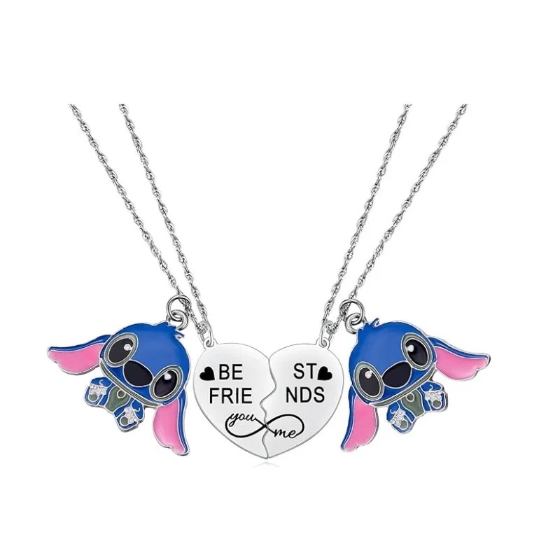 Cute Cartoon Stitch Couple Necklace Stainless Steel Heart Pendant Neck Chain Lovers Best Friends Jewelry Gift