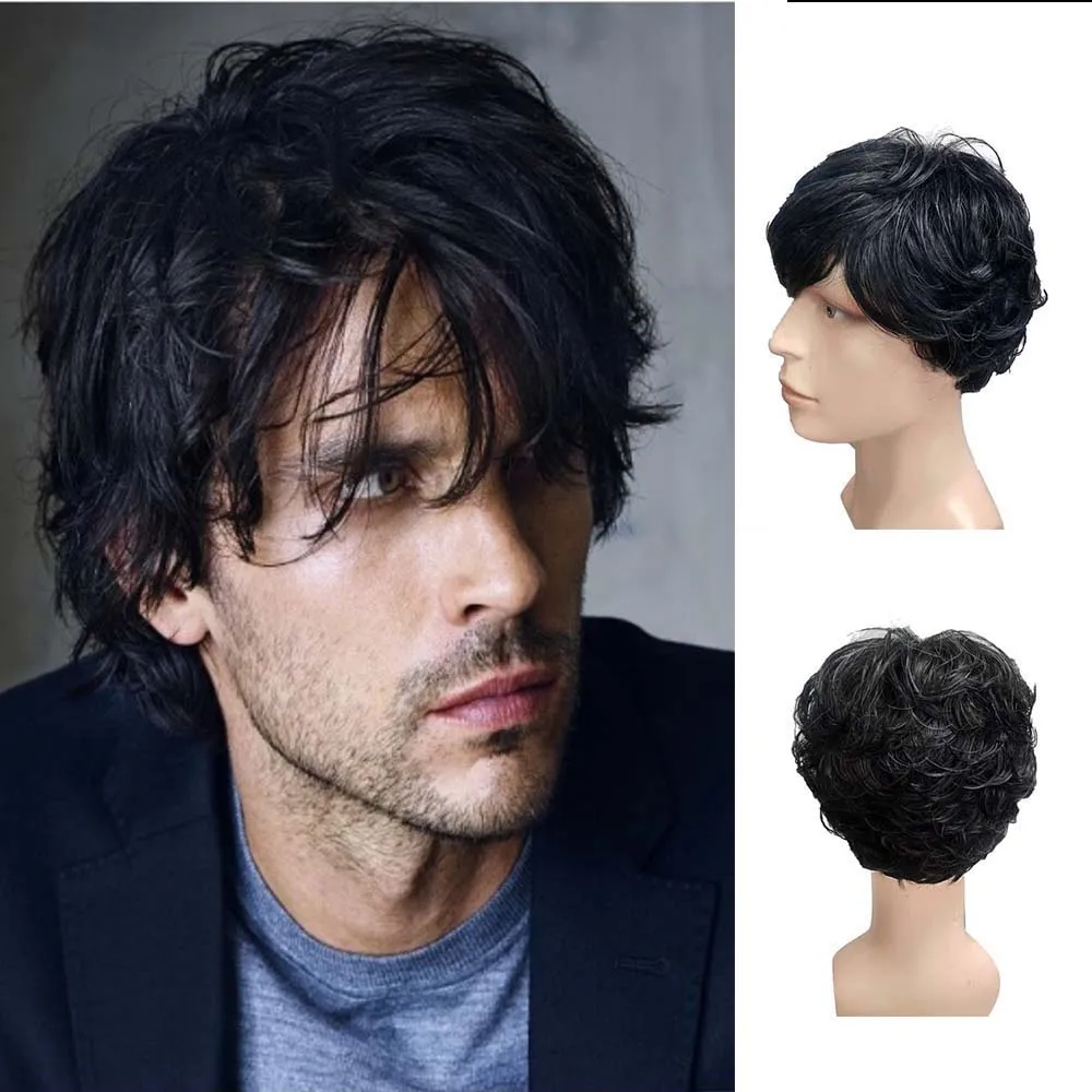 Men Short Curly Synthetic Wigs for Men\'s Daily Wig Ombre Male Curly Heat Resistant Breathable