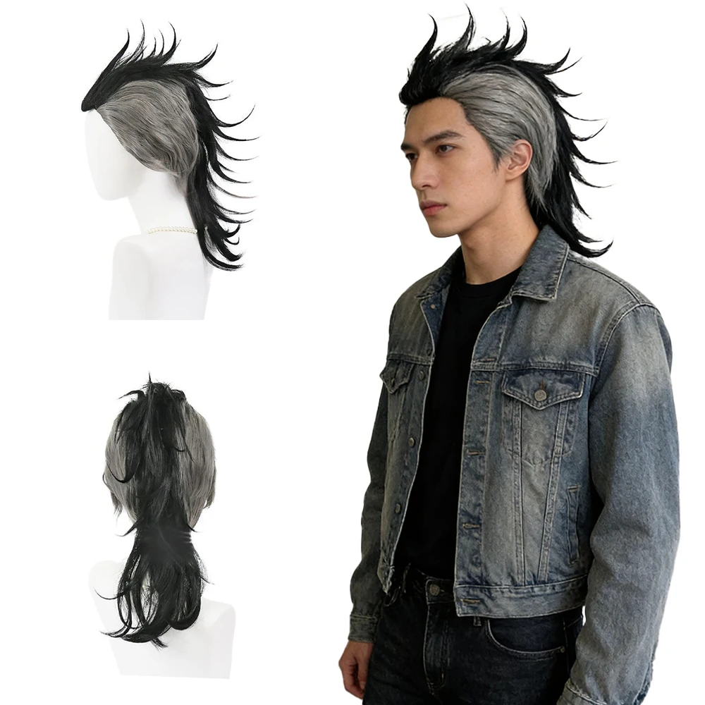 Anime Shinazugawa Genya cosplay synthetic hair mohawk ombre hairstyle suitable men's Halloween party heat-resistant fiber wig