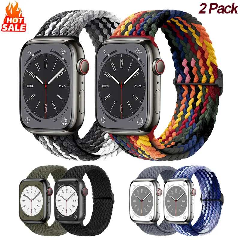 2 Pack Braided Strap For Apple Watch Band 46mm 45mm 49mm 44mm 42mm 40mm Elastic Nylon bracelet iWatch Ultra 2 Series 10 9 8 7 SE