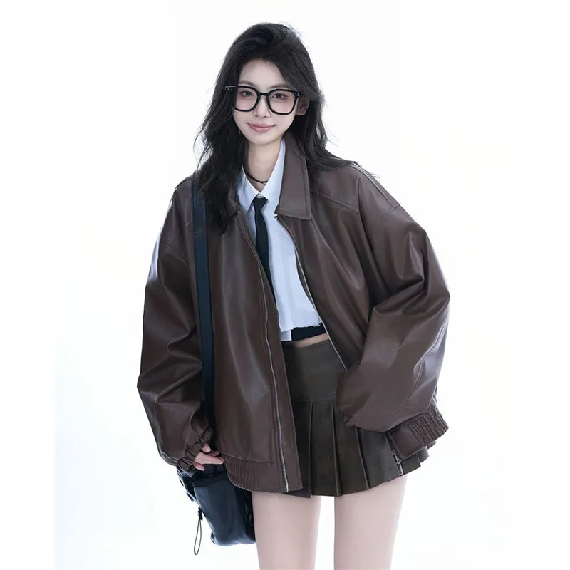 Abrigo de cuero PU de alta calidad para mujer, chaqueta de cuero nueva para primavera y otoño, prendas de vestir para motocicleta, prendas de vestir Retro americanas para mujer, tendencia 2025