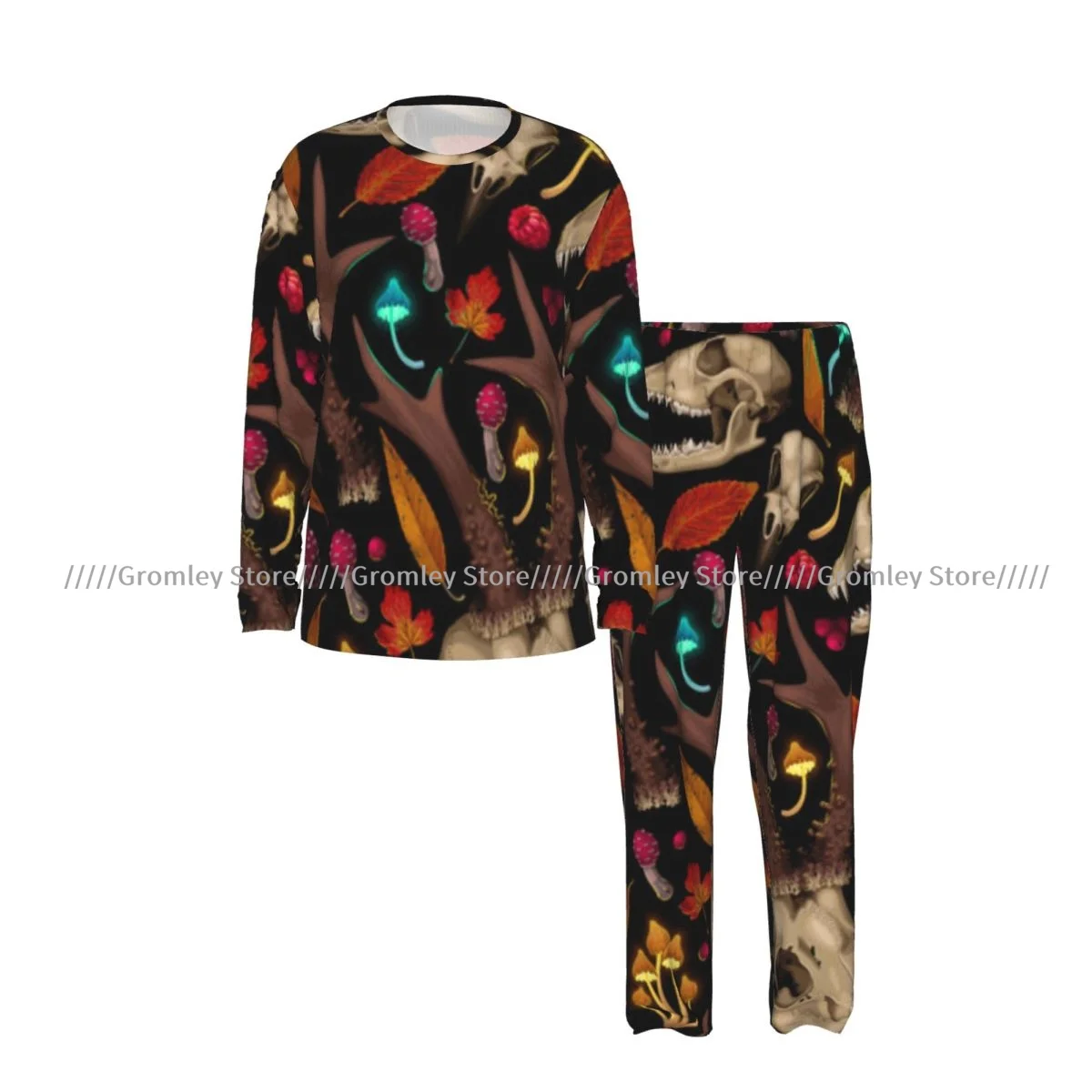 Men's Long Sleeve Long Pants Pajama Set Animal Skulls And Forest Pattern Casual Loungewear and Sleepwear for Home