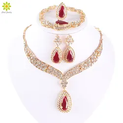 Fashion Crystal Necklace Collar Jewelry Sets For Women Party Accessories African Beads Earrings Bracelet Ring Sets Vintage Red