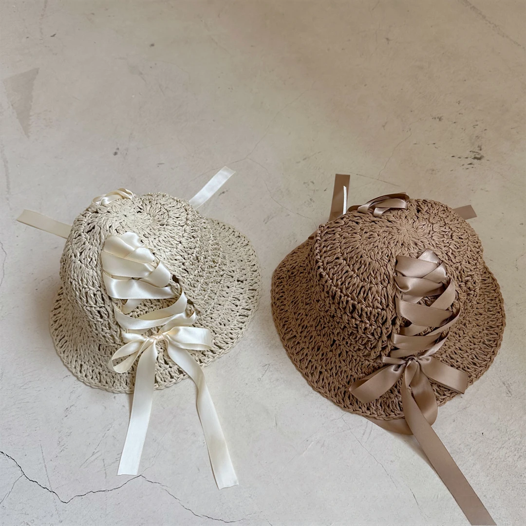 

2025 Summer Girls Straw Hat New Girls' Lace Sun Hat Children's Big Brim Sun Protection Kids Bucket Hat Girls Panama Caps
