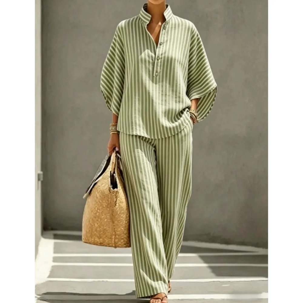 

Women Button-down Stand-up Collar Striped Shirt Suit Spring Fashion Loose Bat Sleeve Female Casual Vacation Trousers 2 Piece Set
