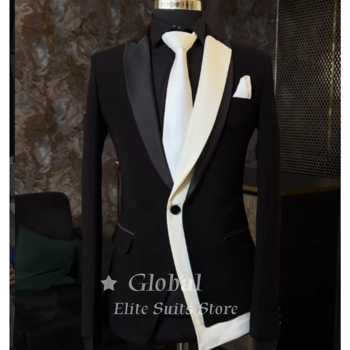 Black Tuxedo Jacket Asymmetric White Shawl Lapel Blazer Slim Fit Formal Wedding Party Prom Party Coat Daily Wear Customized