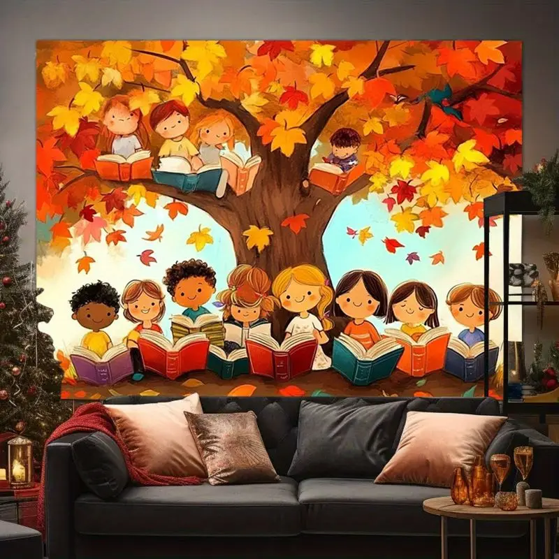VIKAMA Autumn Maple Cartoon Children Reading Healing Tapestry Hanging Cloth Trendy Cool Wall Decoration Living Room Room Decor