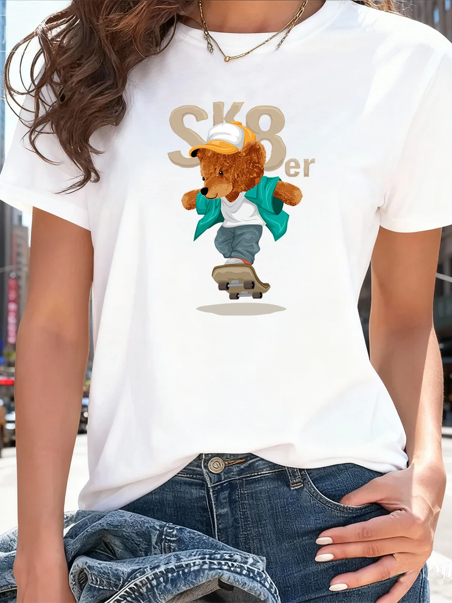 

White Short Sleeve T-Shirt with Cute Skateboarding Bear Print "SK8er" Graphic Design Casual Tee