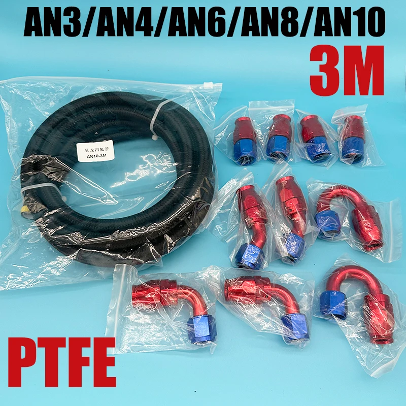3meters AN3 AN4 AN6 AN8 AN10 Nylon PTFE Fuel Hose Oil Gas Cooler Line Pipe Tube 4x0° 2x45° 2x90° 2x180° Swivel Hose End Fittings