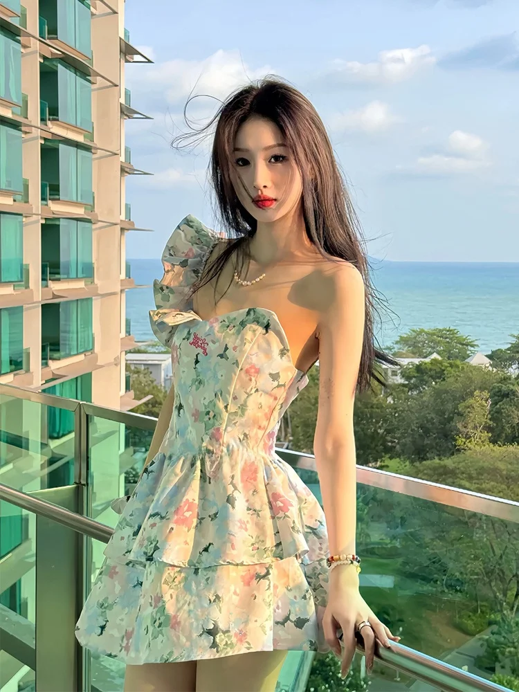 

Romantic Floral Halter Neck Dress Women's A-Line Skirt Style Vacation Wear Casual Commute Korean Style plus Size