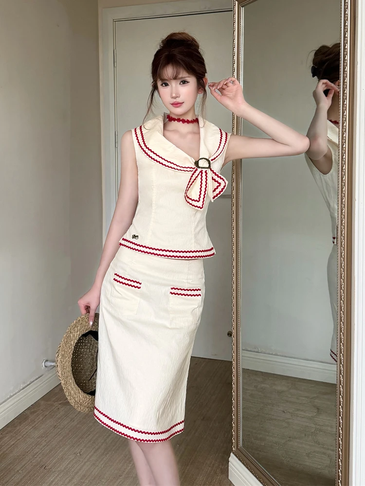 ReddaChic Vintage Color Block Tank Top Skirt Set Elegant Sailor Collar Shirt Bodycon Knee Long Skirt Vacation Summer Clothes