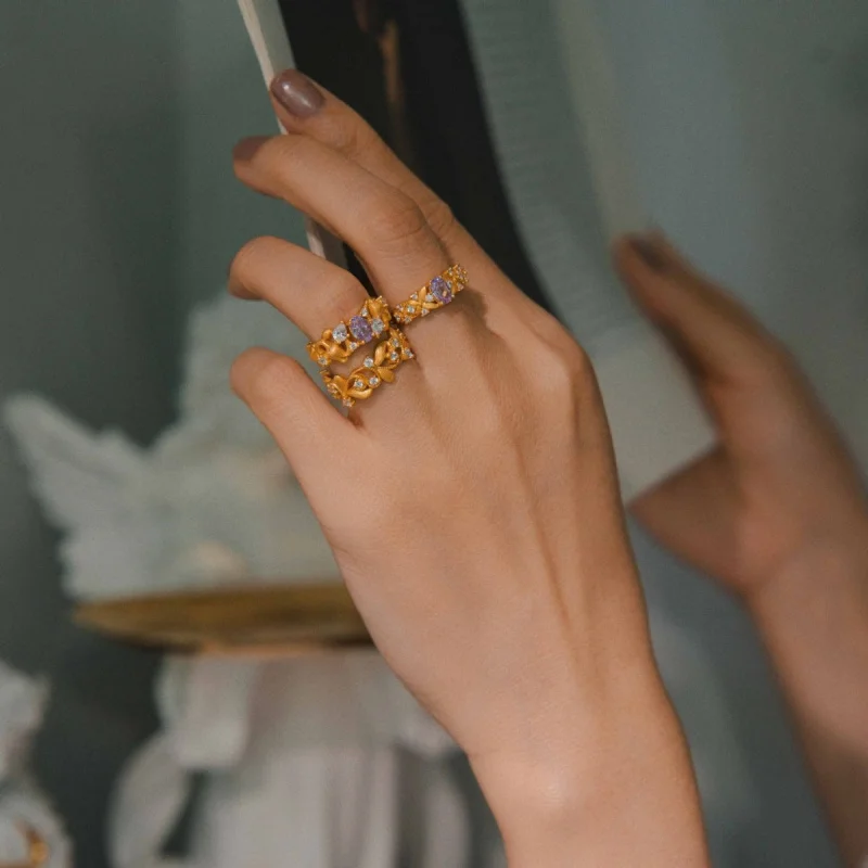 Copper Electroplated Gold New Italian Vintage Brushed Light Luxury Jewelry925Silver Brushed Craft Iris Flower Hollow Ring