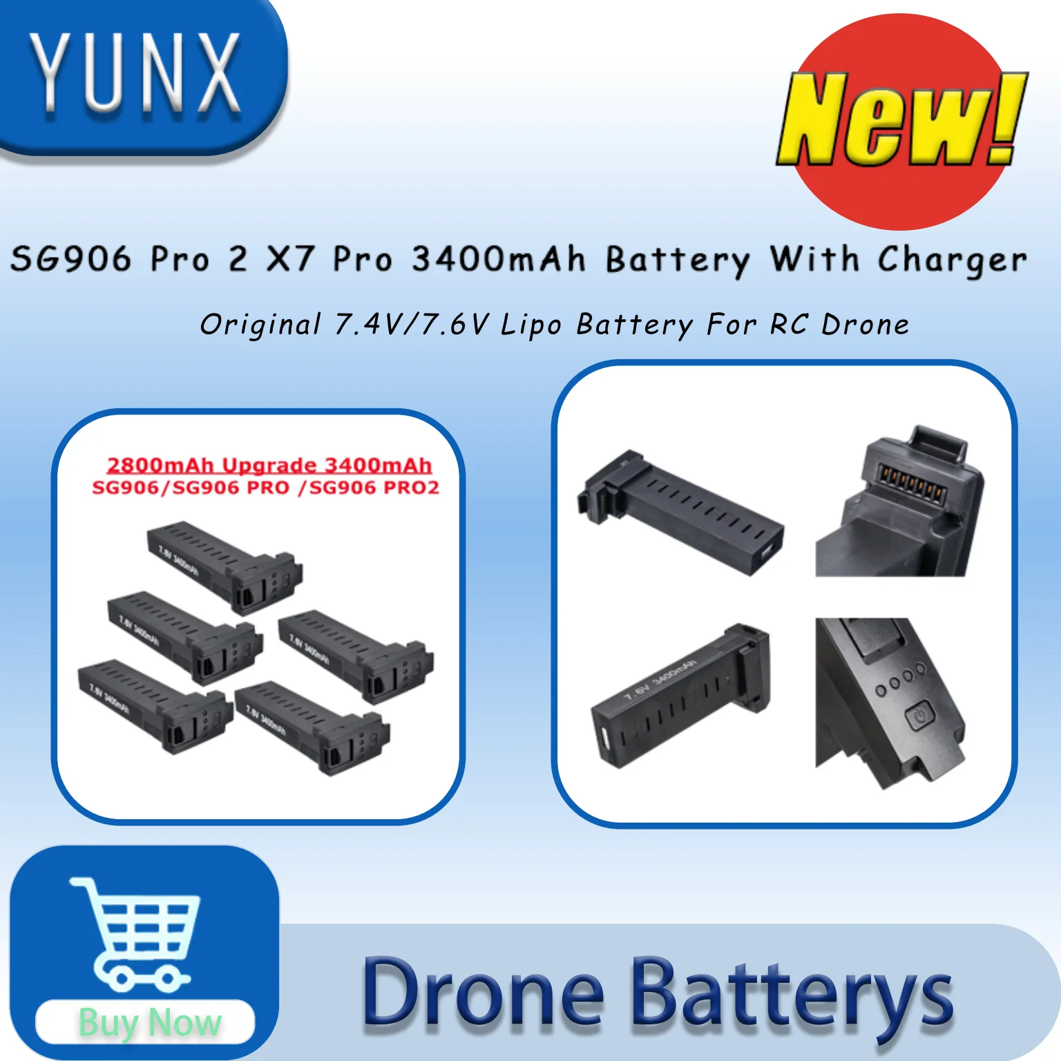 

Original 7.4V/7.6V 3400mAh Lipo Battery for SG906 pro 2 Pro2 X7 pro with Charger SG906 pro Battery Accessories