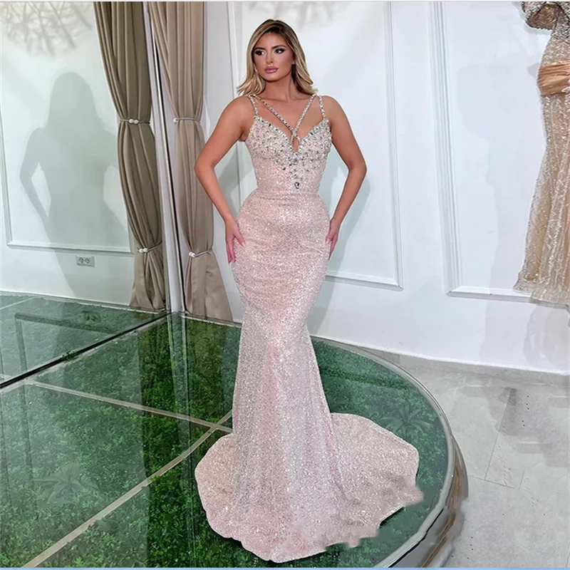 

Woman Evening Dress Customized Sexy V Neck Sleeveless Crystal Sweep Train Mermaid Party Gown Prom Dresses Back Lace-up Customize