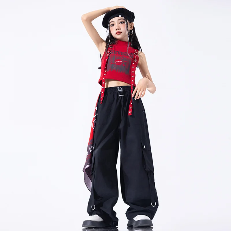 

Kid Hip Hop Clothing Red Mock Neck Strap Crop Tank Top Black Casual Wide Cargo Pants for Girls Jazz Dance Costumes Wear Clothes