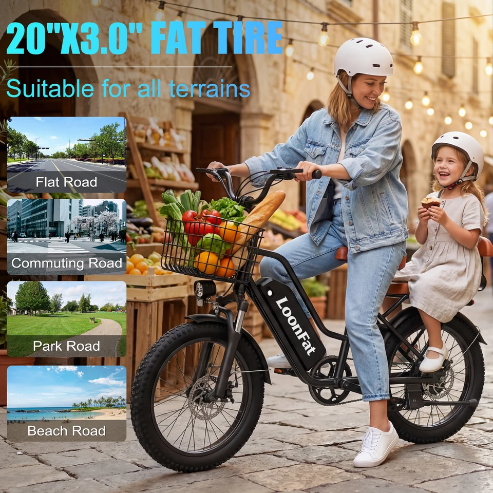 LoonFat T20 Black Adult Ebike 1000W Motor 25 MPH Speed Limiter 48V 15.6Ah Lithium Battery 170 Lbs Max Load Cable Brakes image 8