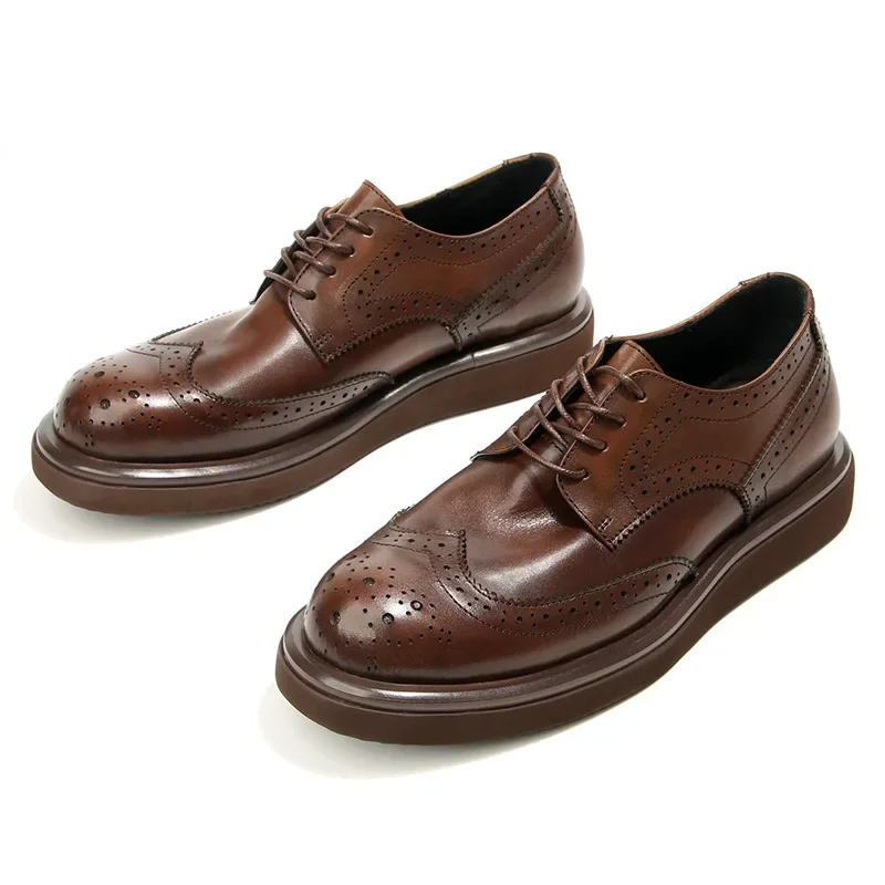 Brogue Carved Men's Shoes Genuine Leather Oxfords Shoes Retro Fashion Trend Thick-soled Platform Men Dress Formal Shoes