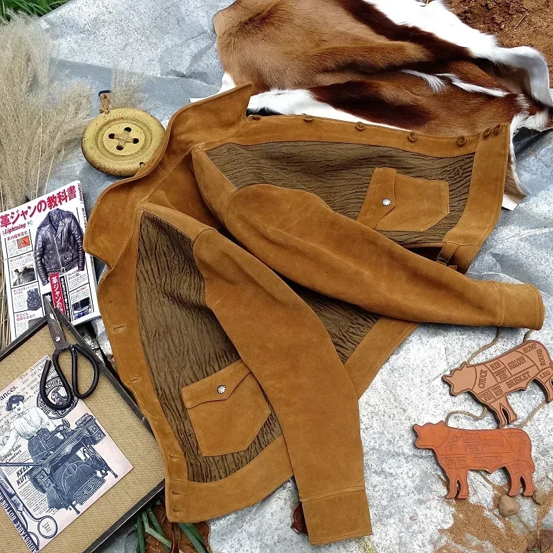 LNY Shop Best.Sale Us Style.Mens Vinatge leather jacket.Genuine Frosted cowhide coat.Suede classic casual 1920 cloth,Man