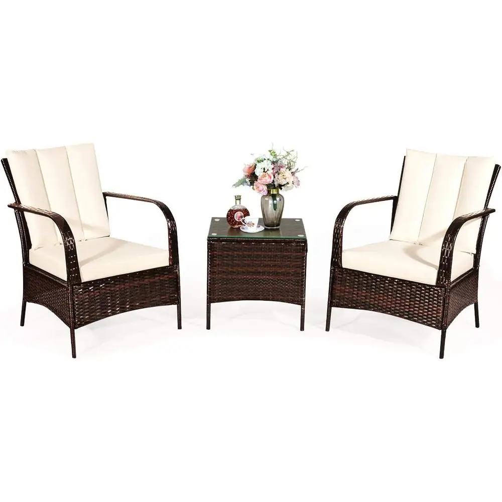 

Patio Rattan Furniture Set, Outdoor Wicker Chair Set with Coffee Table & 2 Cushions for Backyard, Porch, Poolside, Lawn, Garden,