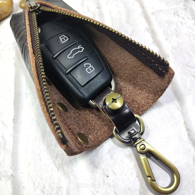 Blongk Mini Key Bag Leather Key Holder Small House Key Organizer Zippered Car Key Case on Waist for Men and Women LQ1