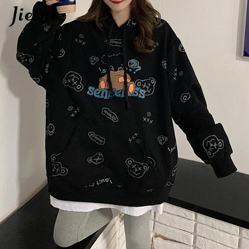 

Jielur Winter Clothes New Korean Hoodies Women Pullover Hooded Loose Cartoon Print Sweatshirt White Black Fleece Hoody M-XXL