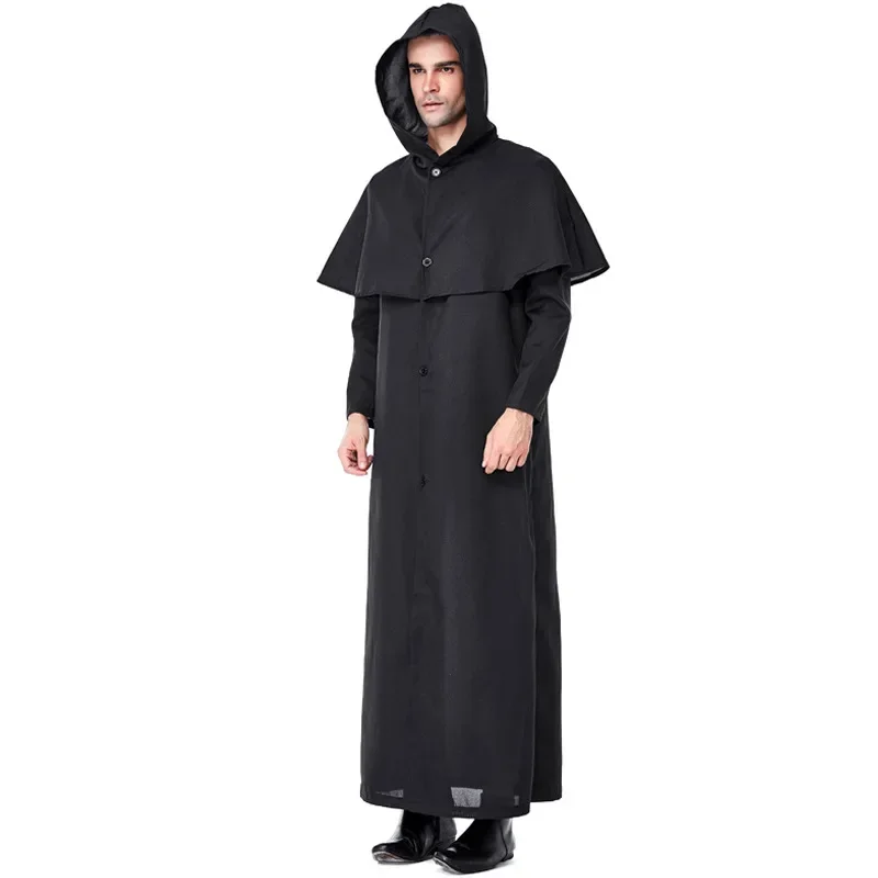 Men Black Azrael Death Costume Priest Pastor Minister Cosplay Robe Gown Halloween Carnival Purim Mardi Gras Party Outfit