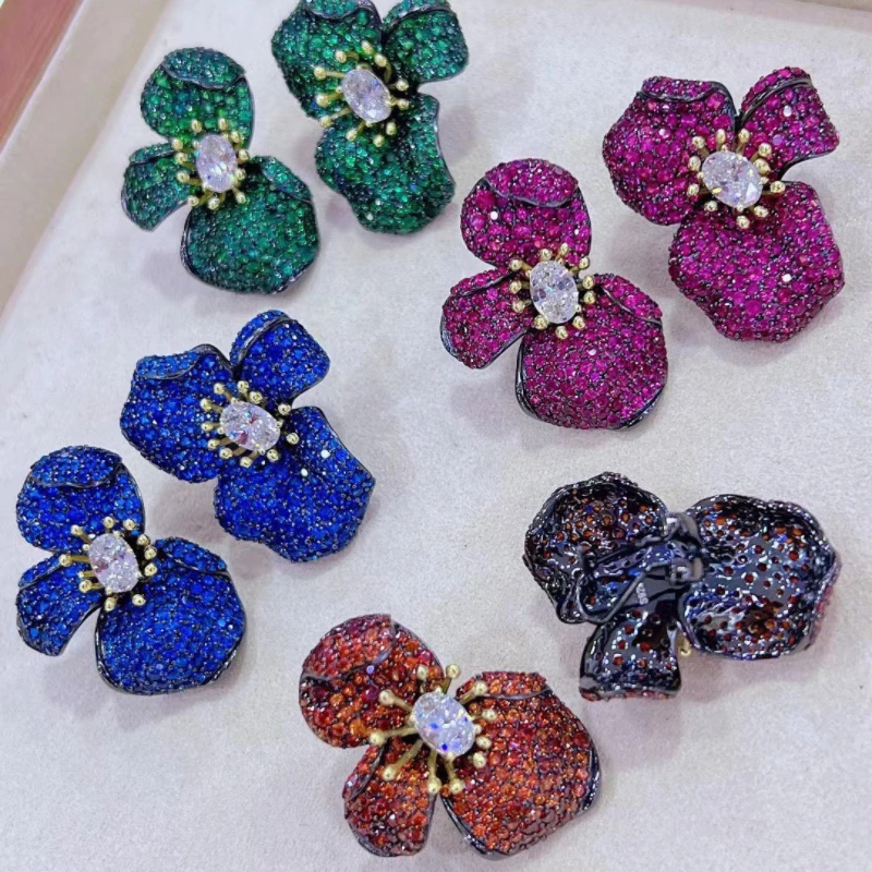 

ZOCA New Luxury Blue Green Red Yellow Flower Earrings 925 Sterling Silver Zircon Fine Jewelry Women's Gift Party Wedding