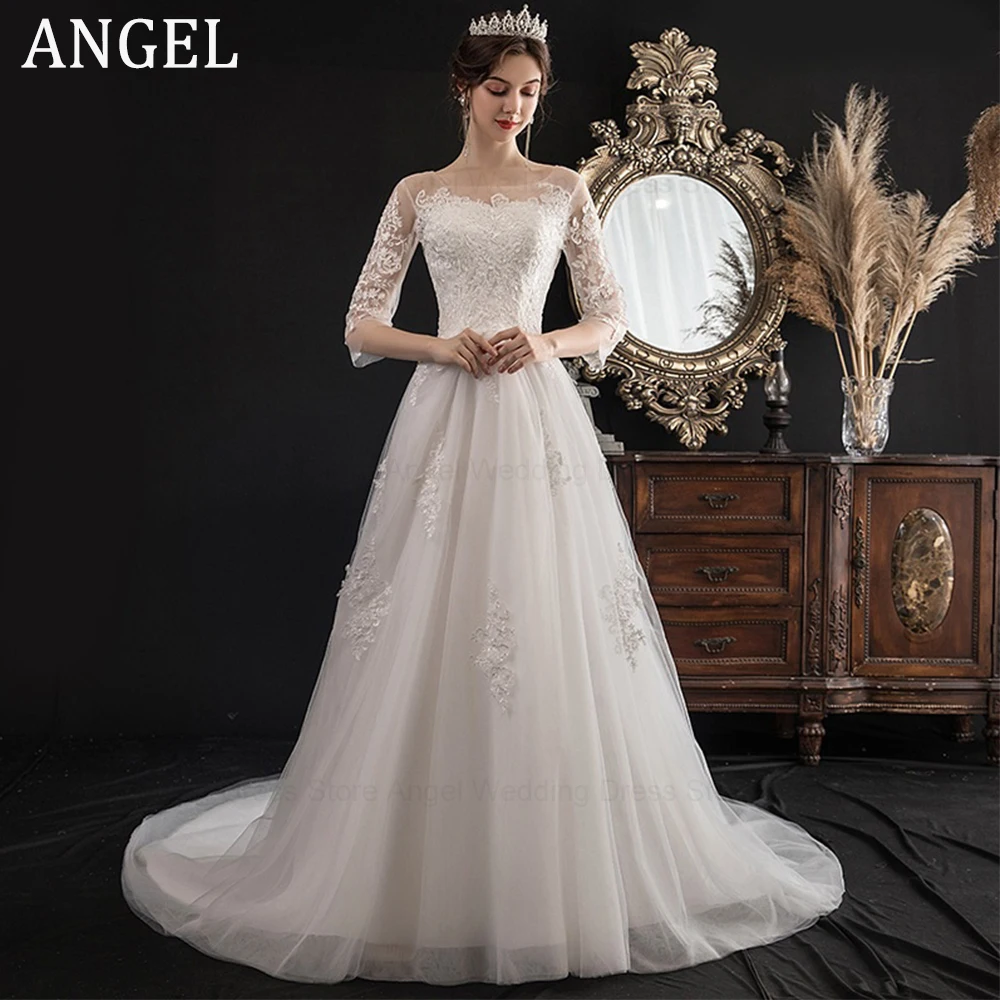 

ANGEL Pastoral Half Sleeve Appliques Bridal Robe Romantic A-line Scoop Wedding Gowns Beach Vestidos De Novia