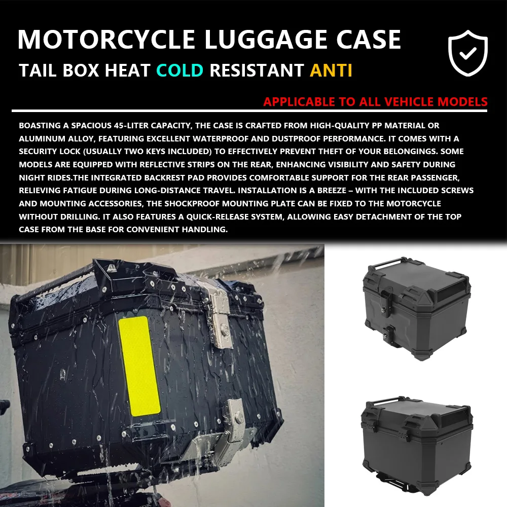 Motorbike Storage Box Top Box Tail Box Trunk Carrier Universal Black 45L Motorcycle Toolbox Aluminum Top Case Tail Box Luggage