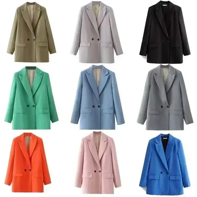 Women 2023 New Fashion Multicoloured Double Breasted Blazer Coat Vintage Long Sleeve Pockets Female Outerwear Chic