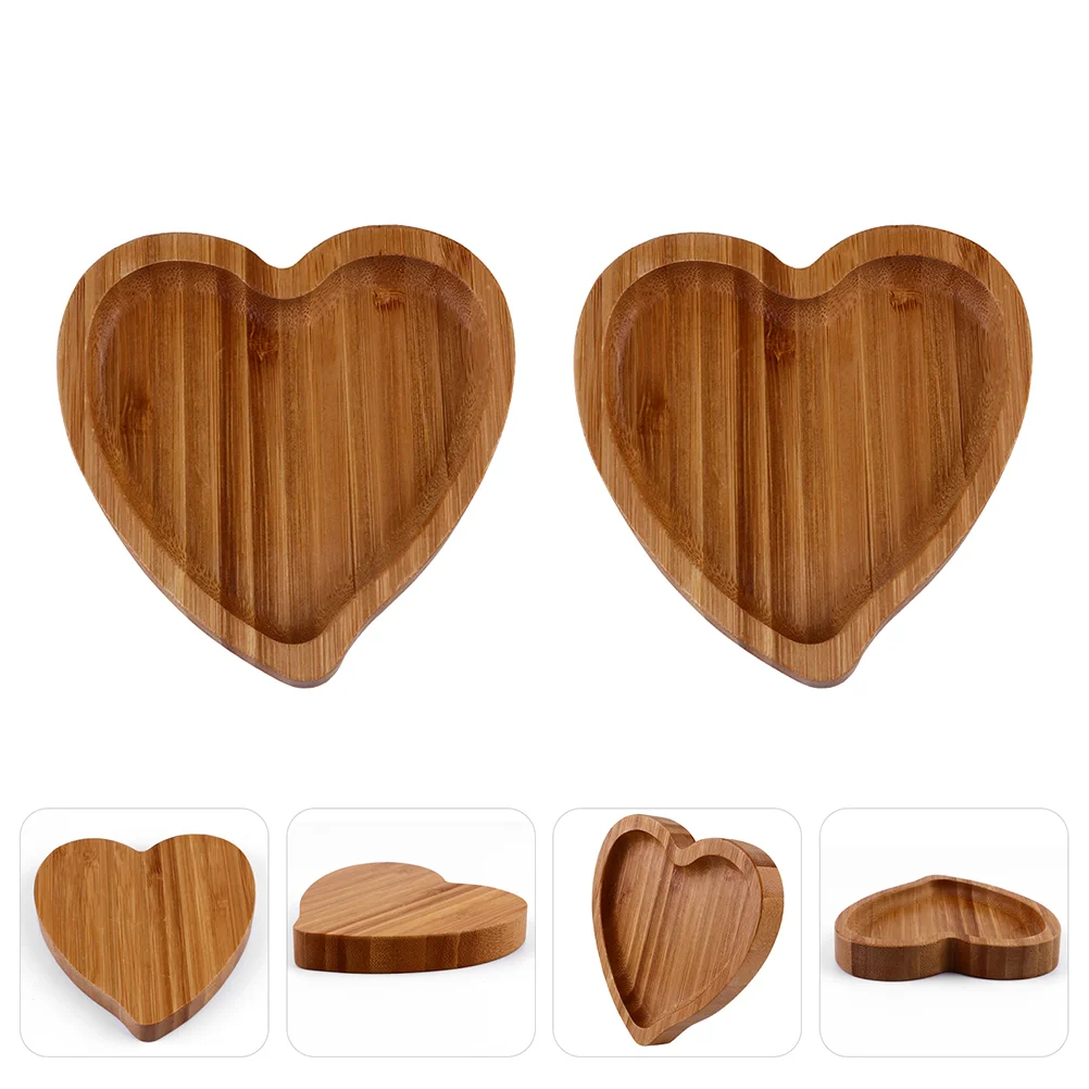 2 Pcs Love Bamboo Tray Heart Shaped Jewelry Dessert Dish Plate Bracket Dresser Decoration Organizer Reusable Snack Holder