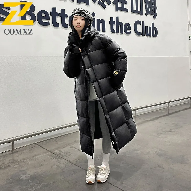COMXZ Men Long Down Jacket Outdoor Travel Thickened Warm Parka Knee Length Design Cold Resistant Lightweight Winter Coat