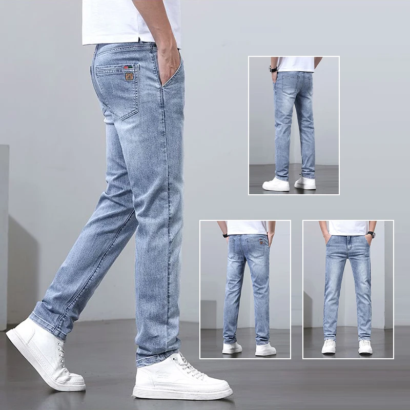 Men Spring Summer Basic Style Print Jeans Male Elasticity Loose Straight Denim Pants Versatile Slim Fit Breathable Trousers