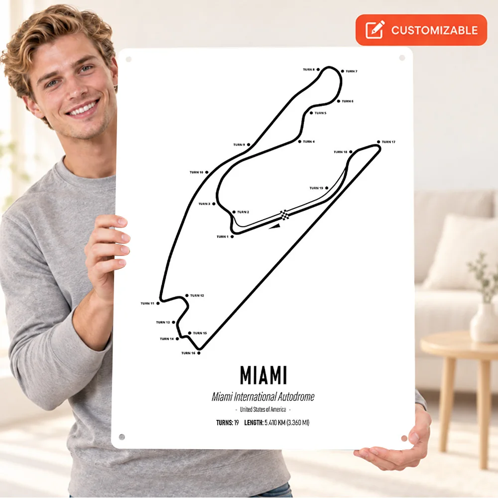 Miami International Autodrome Textured Metal Poster Personalized Aluminum Sign Minimalist Track Outline Wall Art For Workshop