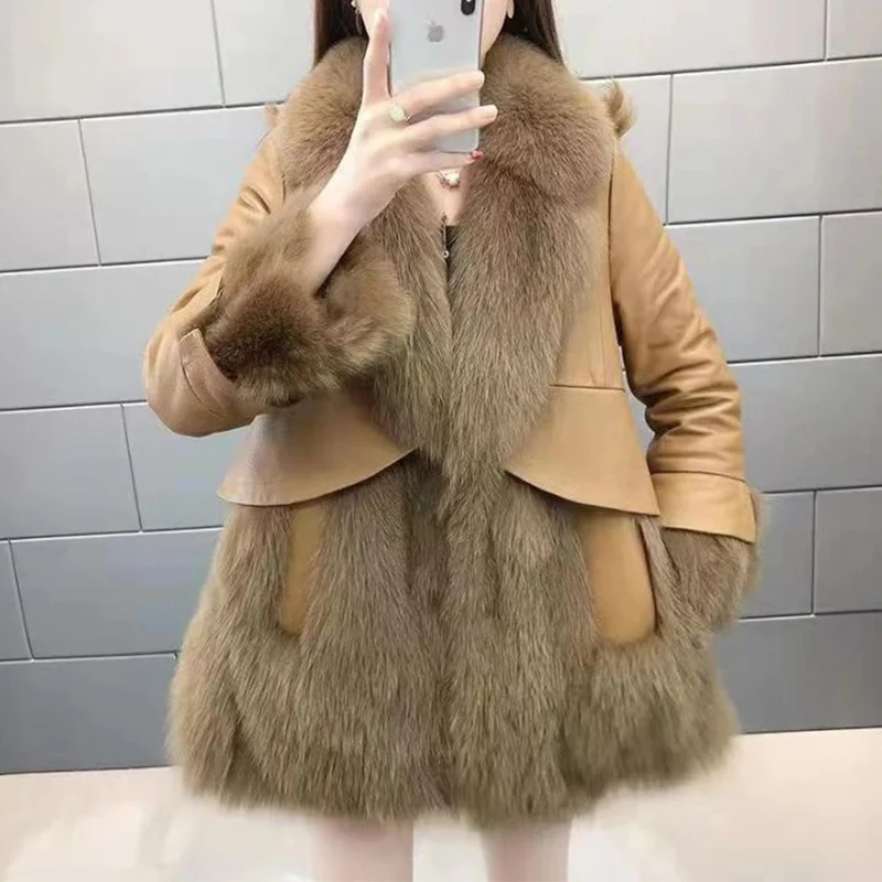 Elegant Ladies Jackets Fashion Solid Color Lapel Long Sleeve Leather Patchwork Sweater Popular Medium Long Styles Fur Coats