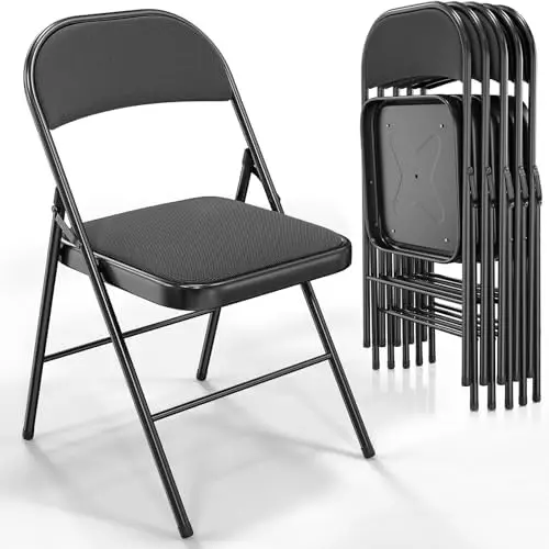 6 Pack Folding Chairs with Padded Seats, Metal Frame with Fabric Seat & Back, Capacity 350 lbs, Black, Set of 6