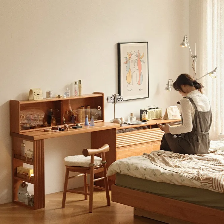 خزانة طاولة مكياج من الخشب الصلب الاسكندنافي مدمجة، خزانة جانبية للسرير من خشب الكرز قابلة للسحب #5