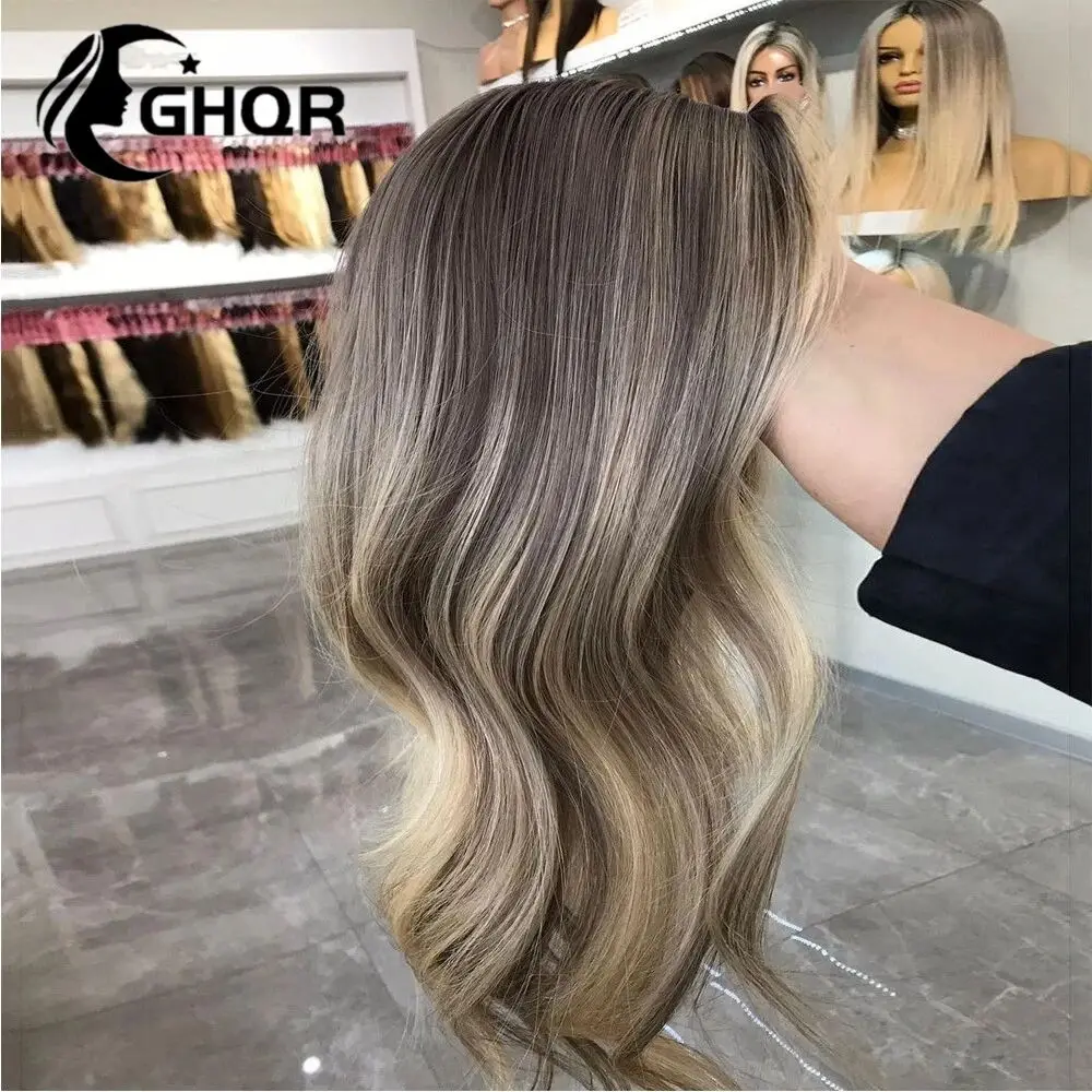 Destaque peruca frontal do laço do cabelo humano marrom cinza loira cheia do laço perucas de cabelo humano onda natural renda transparente descorada sabe