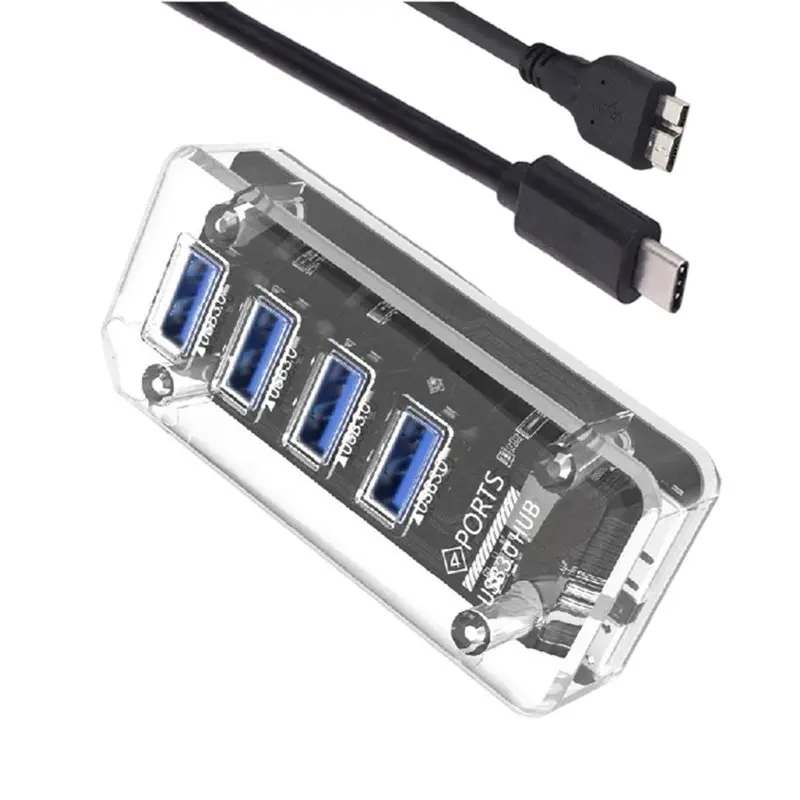 New--USB C HUB 3.0 Transparent Hub Splitter For Mobile Phones PC Laptops Tablet Computers Data Transmission Charging
