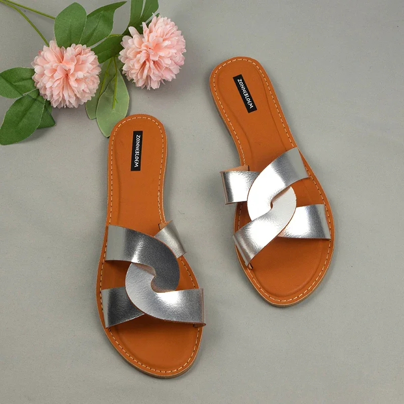 Women Sandals Trendy Hollow Cross Slip-on Comfortable Flat Summer 2024 Beach Sandalias Mujer Casual Gold Open Toe Ladies Shoes