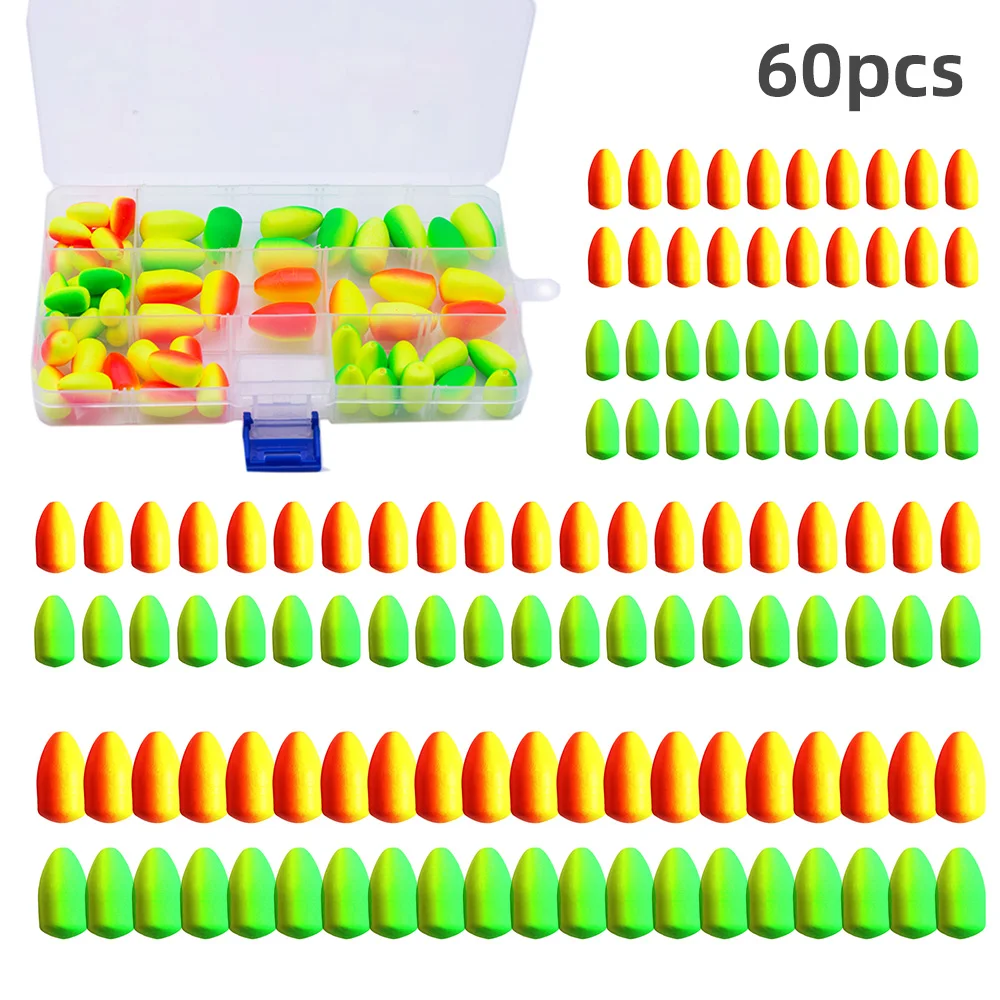 60PCS Fishing Floats Pompano Floats for Fishing Rigs Floats Fly Fishing Floats Bright Color with Tackle Box Lightweight EVA Foam