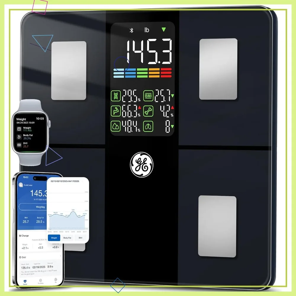 

Умные весы для ванной комнаты с 14 показателями телесных показателей, синхронизацией через Bluetooth-приложение, большим дисплеем, точность до 400 фунтов.