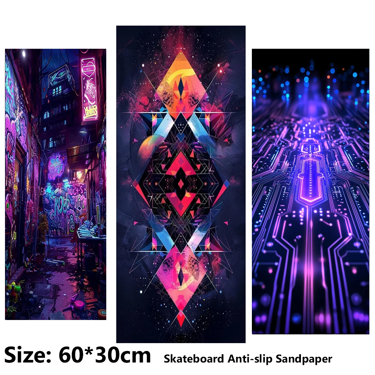 ElecStric Scooter Anti-slip Sticker Sandpaper Skateboard Grip Tape Sheet 60*30cm Polygonal Graffiti Neon Pattern