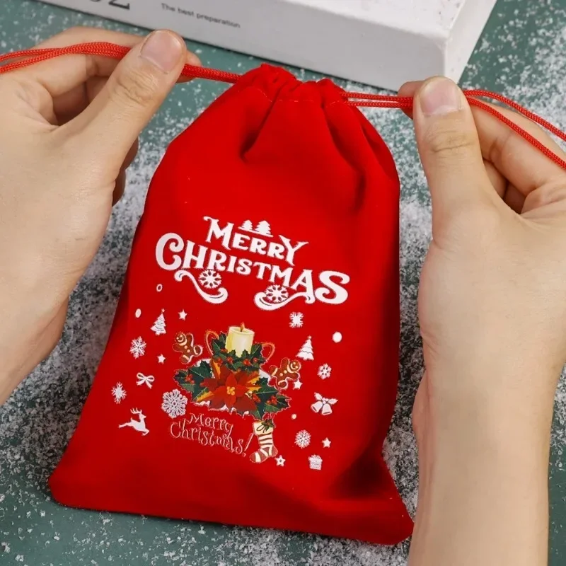 1/20PCS Christmas Velvet Bag with Drawstring Red Santa Claus Snowman Elk Candy Snack Wrapping Bag New Year Party Gift Decoration