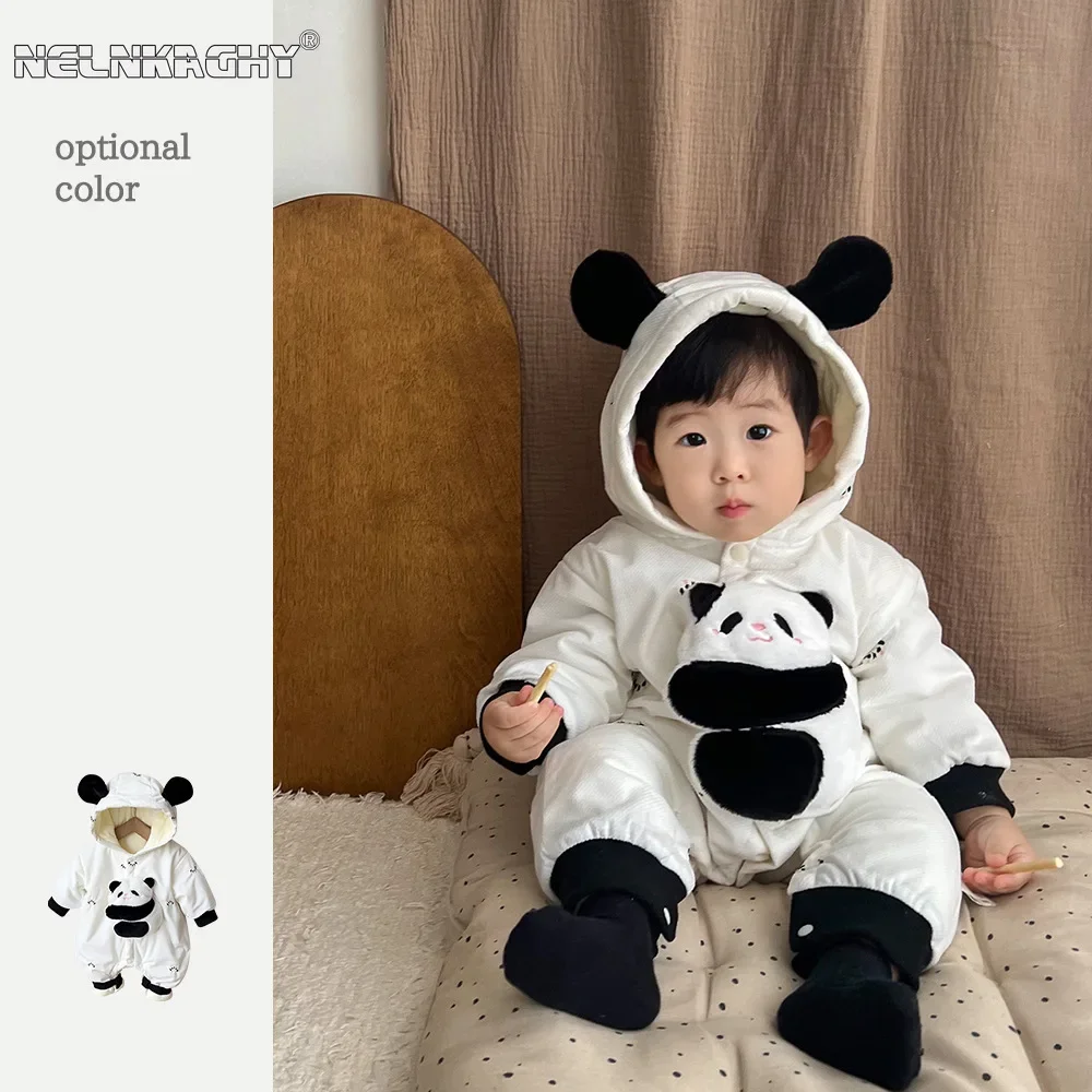 

2023 Winter New in Kids Baby Boys Panda Cartoon One-pieces - Infant Toddler Thick Quilted Warm Jumpsuits , Newborn Romper 0-24M