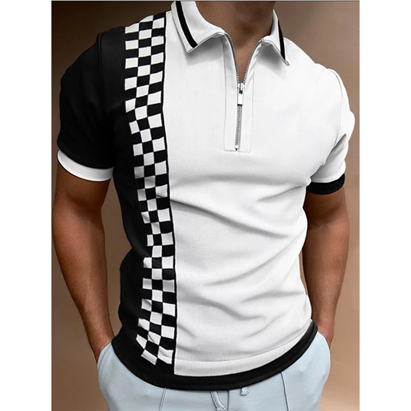 2022 Vintage Summer New Fashion Trend Fitness Casual Simple Polo Shirts Men Zipper Color Block Sports Patchwork Top Man Clothing