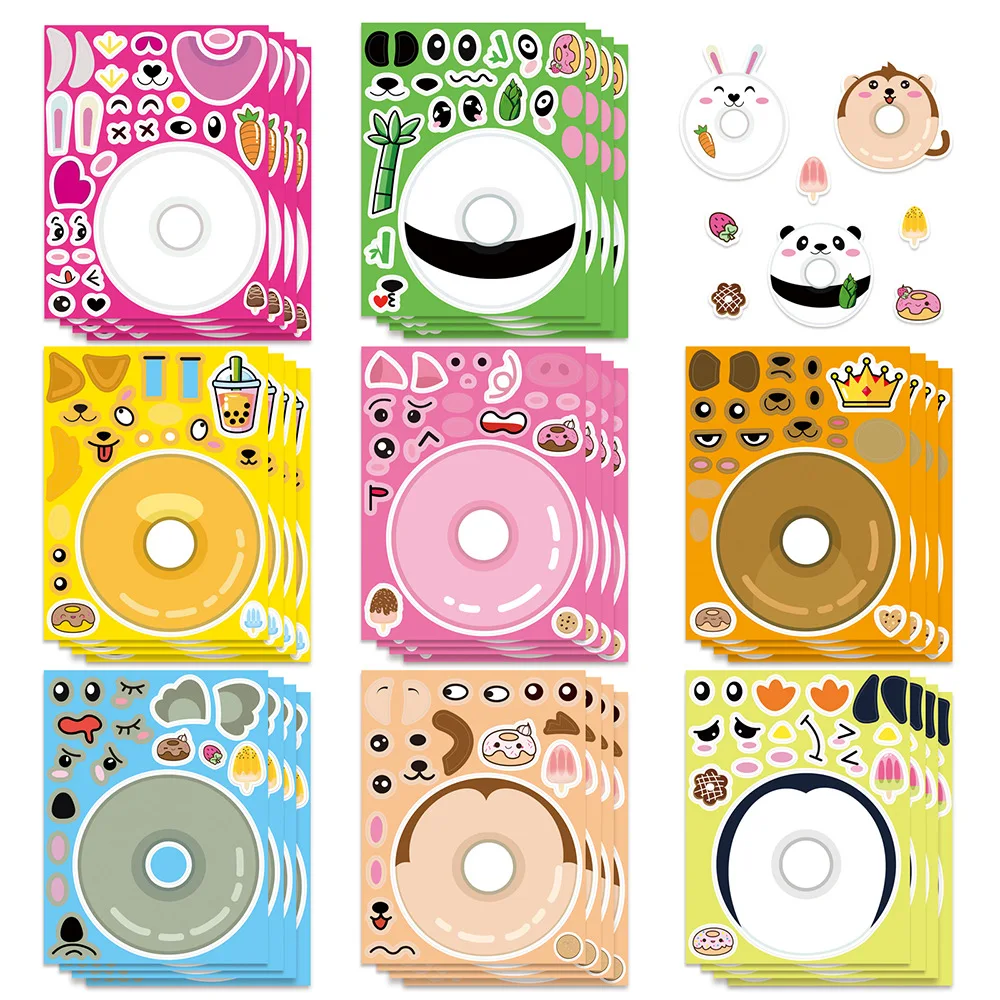 8 Sheets Cute Donut Animals Make a Face Puzzle Stickers DIY Educational Learning Toys Change Face Stickers for Party Favors