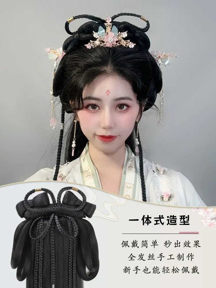 Ming Dynasty Hair Crown - All-in-One Hanfu Wig with Built-in Buns & Padding for Effortless Styling Traditional Chinese Headpiece